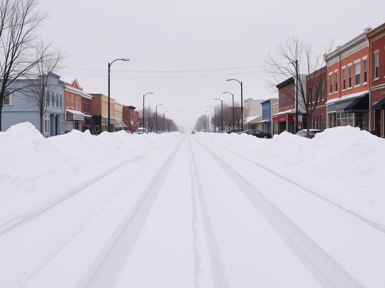 Freshly plowed snow-covered street in a small Iowa town